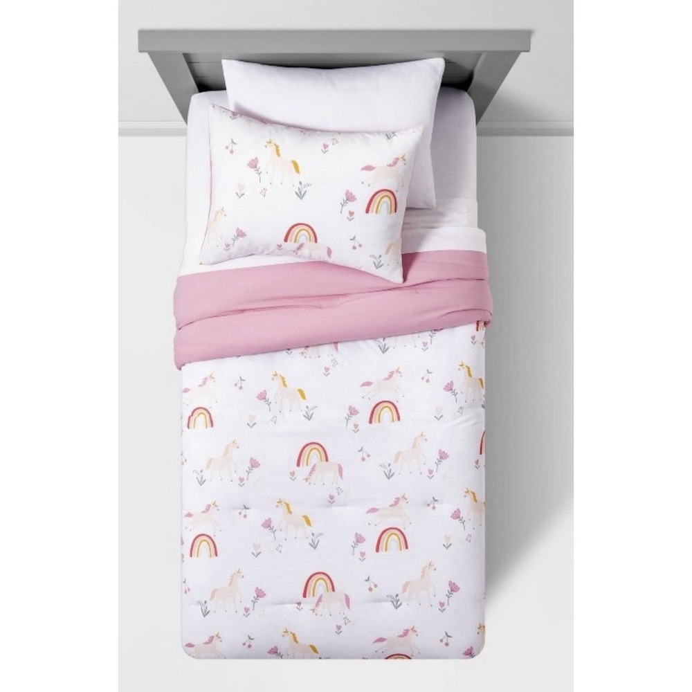 Twin Unicorn Kids' Comforter Set Rainbow Pattern - by Pillowfort 88in x 66in